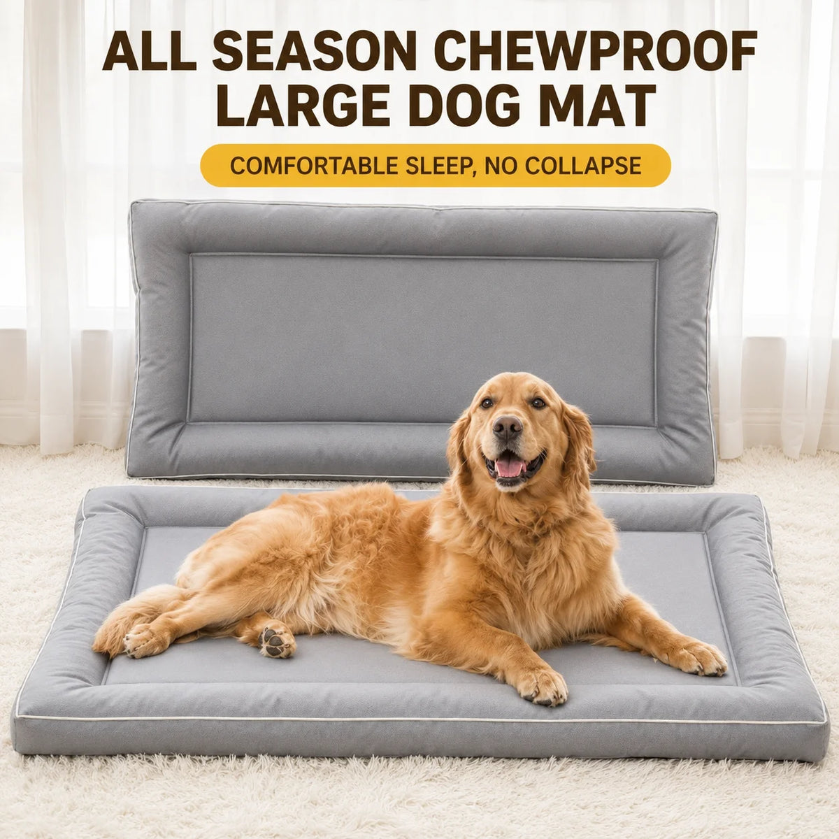 A large, tan dog mat is shown resting on a light-colored carpet, with a gray padded bed in the background.