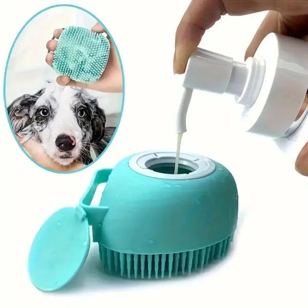 A teal dog bath brush with a dispenser is shown next to a hand applying shampoo.