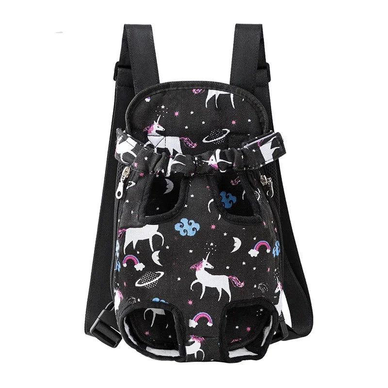 Black fabric backpack carrier featuring various animal silhouettes like cats and dogs for travel