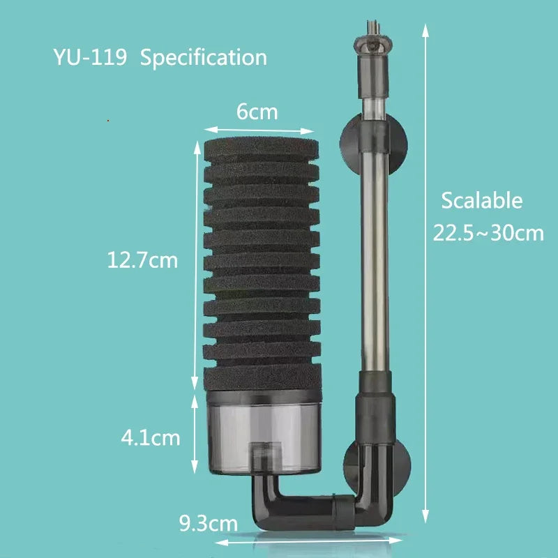 A vertical, black aquarium bio sponge filter with a glass tube and mounting base is shown against a teal background.