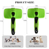 A set of green pet grooming combs and scratchers shown with size measurements for large and small pets.