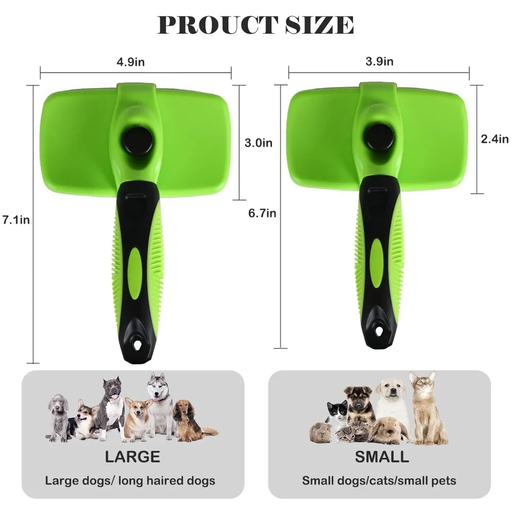 A set of green pet grooming combs and scratchers shown with size measurements for large and small pets.