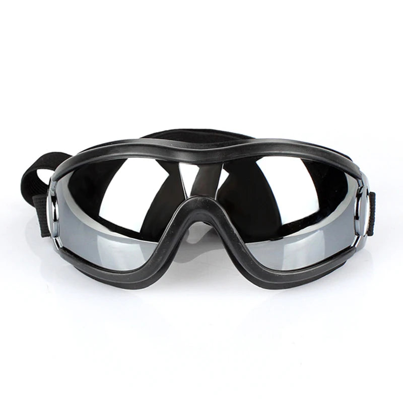 A pair of black durable dog eye protection sunglasses viewed from the front.