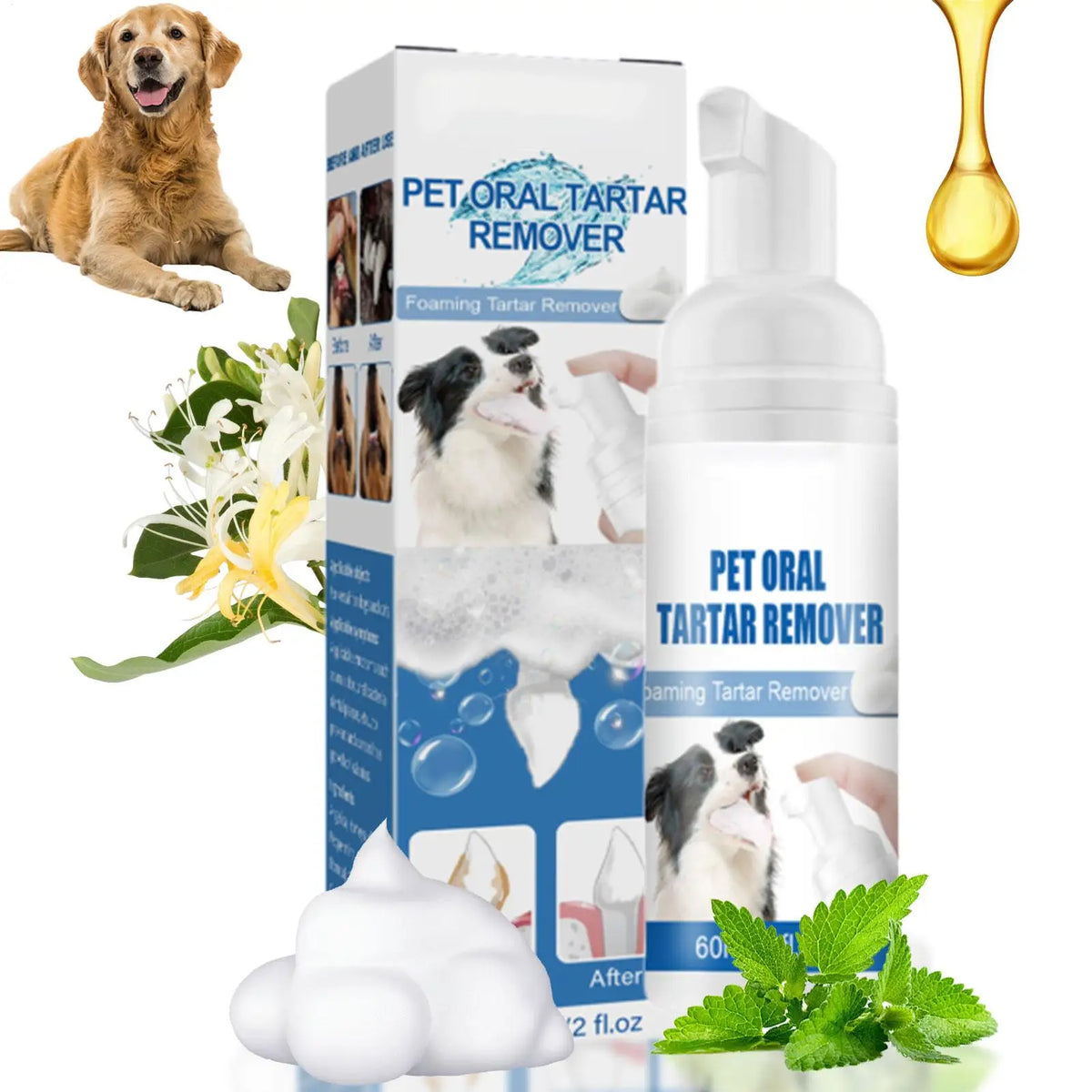 A bottle of Pet Oral Tartar Remover foaming tartar remover for dogs next to a potted plant and white foam.