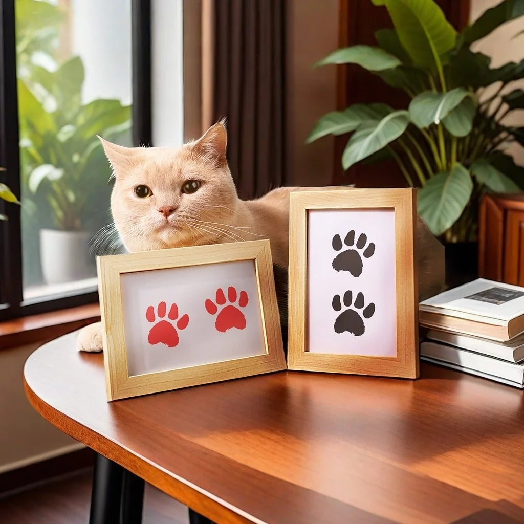 A ginger cat sits next to wooden frames displaying paw print designs for a pet keepsake kit.