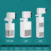 Three white submersible aquarium filter pumps with various power ratings and flow rates displayed against a teal background.