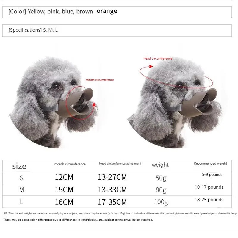 A pair of soft silicone dog muzzles in gray, shown with measurements for small to medium dogs.