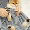 Un pequeño gatito atigrado naranja es sostenido por una persona que lleva un delantal para transportador de mascotas sobre un