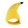 A yellow banana cap costume for pets, featuring a curved yellow fabric with a dark tip.