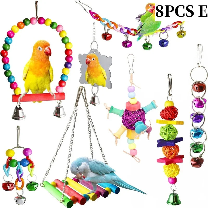 A collection of natural wooden swing and chewing toys for parrots, including a circular ring, a bird silhouette, and various 