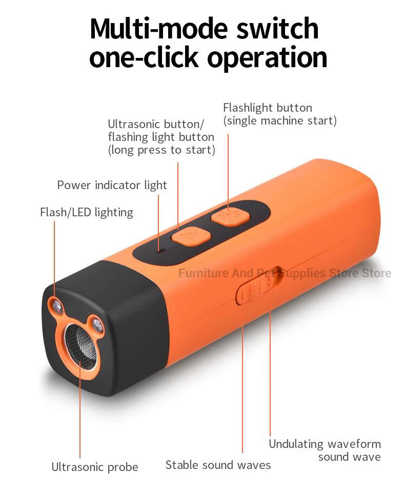 Orange multi-mode switch device with buttons and indicators for ultrasonic dog bark deterrent training.