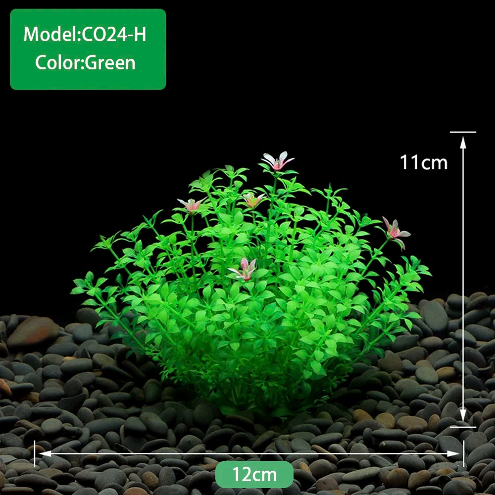 A vibrant green artificial plant model growing in a dark gravel substrate.