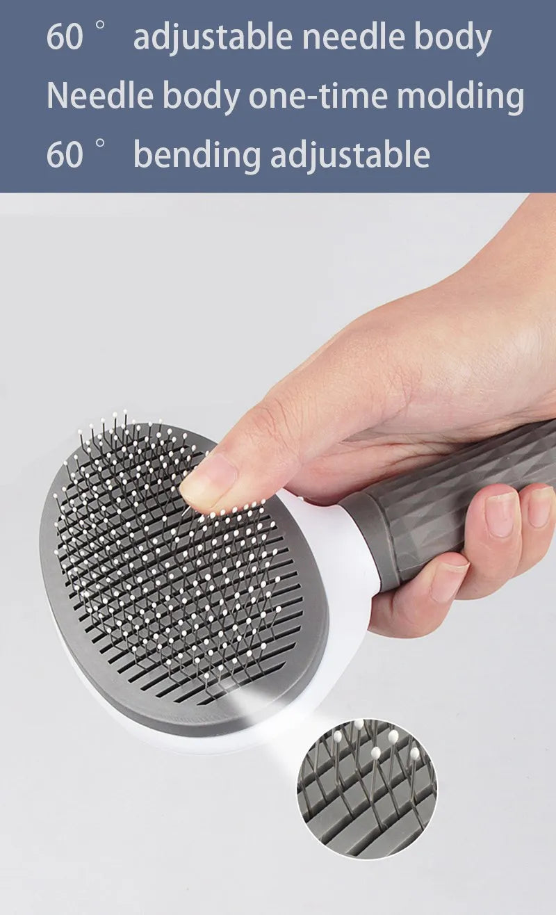 A hand holds a gray pet hair removal brush with adjustable needle body and bending features.