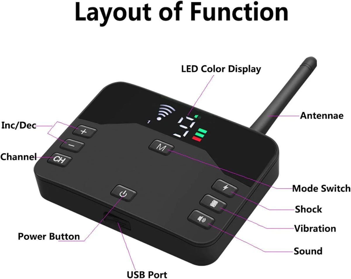 Layout diagram showing the components of a portable pet training function device including an LED display, antenna, mode swit