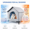 A gray insulated cat house featuring ice packs for cooling and hot water bags for warmth, shown with waterproof and windproof