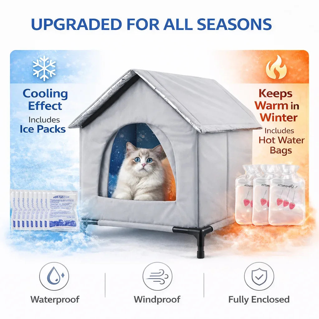 A gray insulated cat house featuring ice packs for cooling and hot water bags for warmth, shown with waterproof and windproof