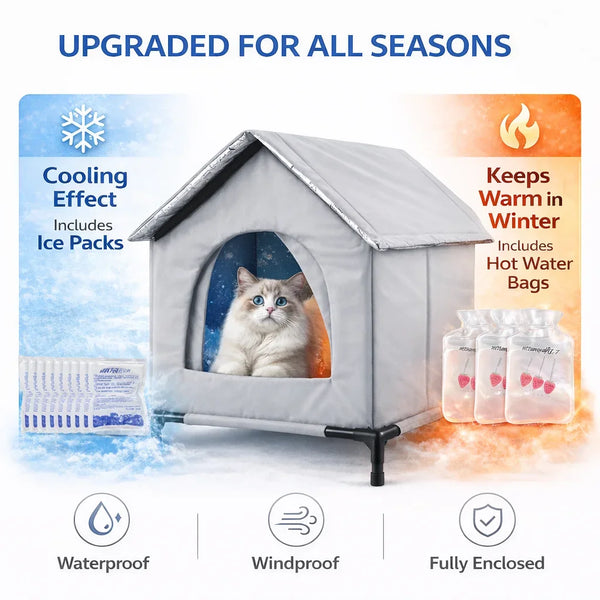 A gray insulated cat house featuring ice packs for cooling and hot water bags for warmth, shown with waterproof and windproof