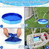 A foldable blue pet pool and bathing tub is shown in use, being stored in a carrying case.