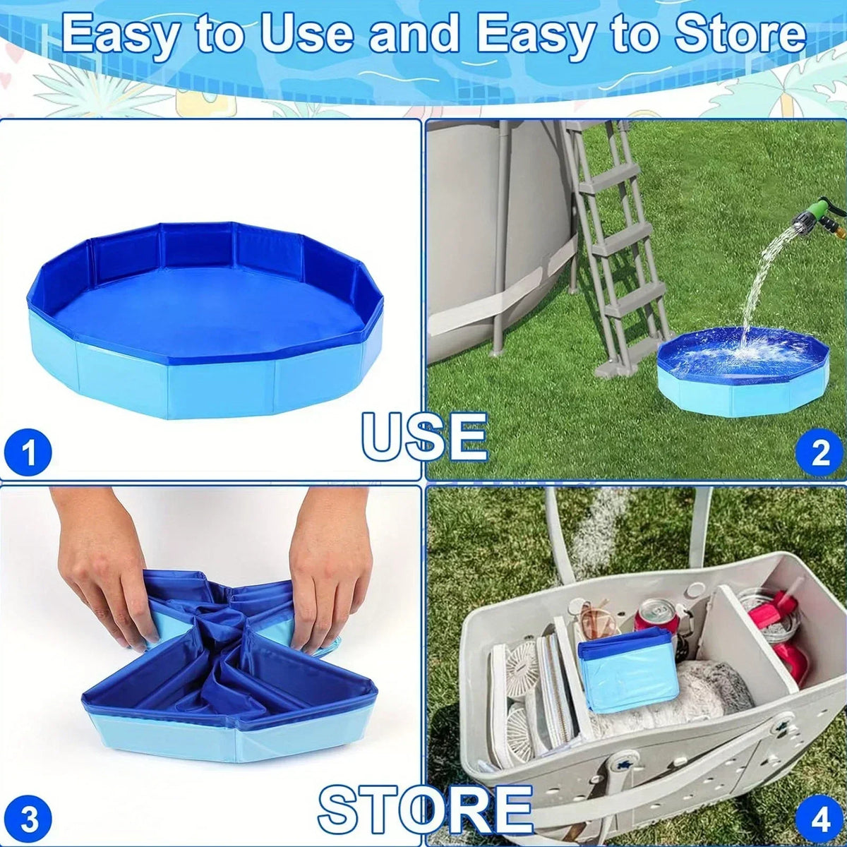 A foldable blue pet pool and bathing tub is shown in use, being stored in a carrying case.