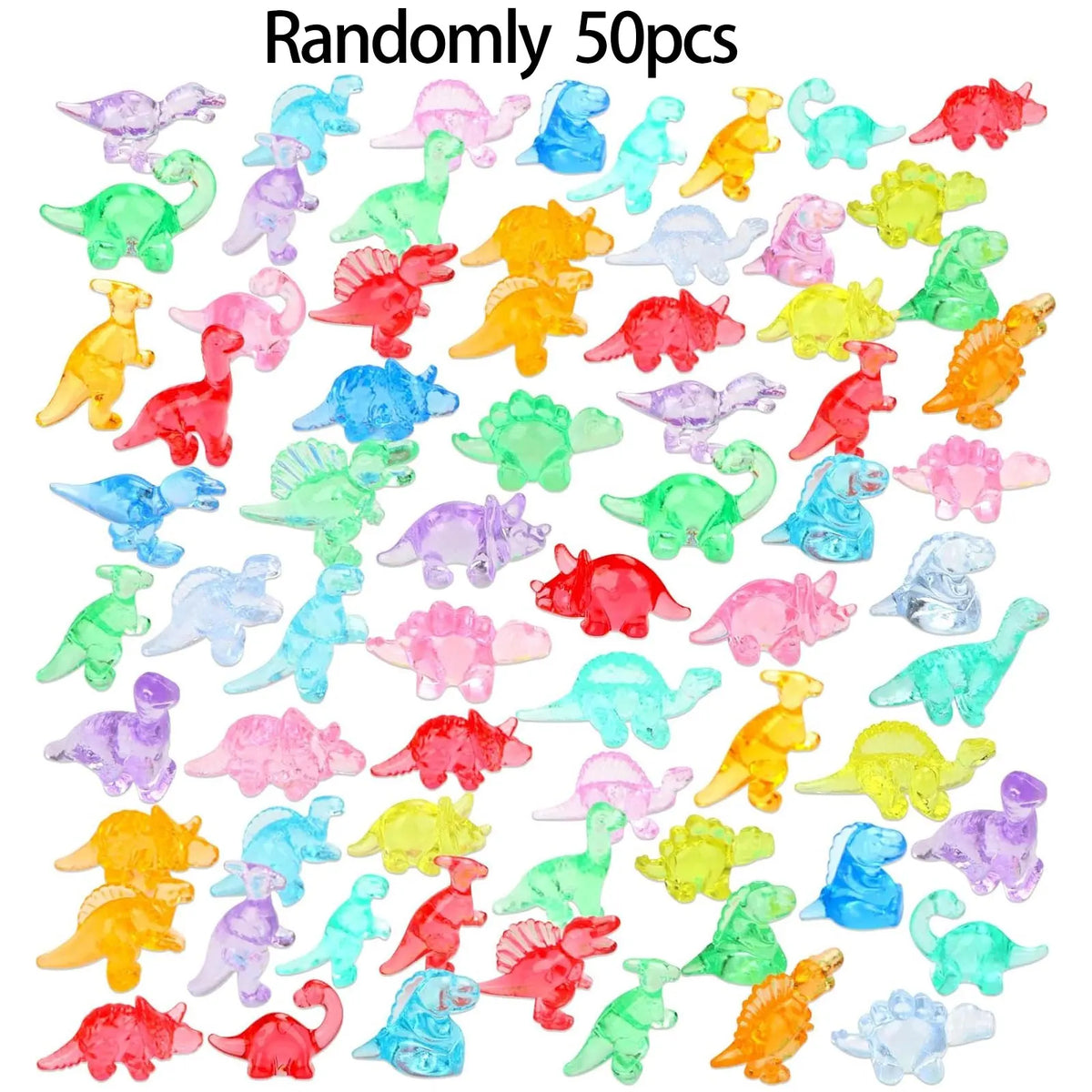Eine Sammlung von 50 zufällig zusammengestellten Mini-Resin-Dinosaurierfiguren in verschiedenen Farben und Schattierungen.