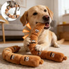A golden retriever dog is playing with a brown squeaky chew toy designed for puppies and adults.