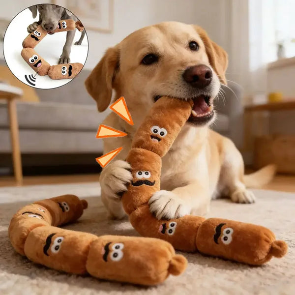 Un golden retriever joue avec un jouet à mâcher brun et bruyant conçu pour chiots et adultes.
