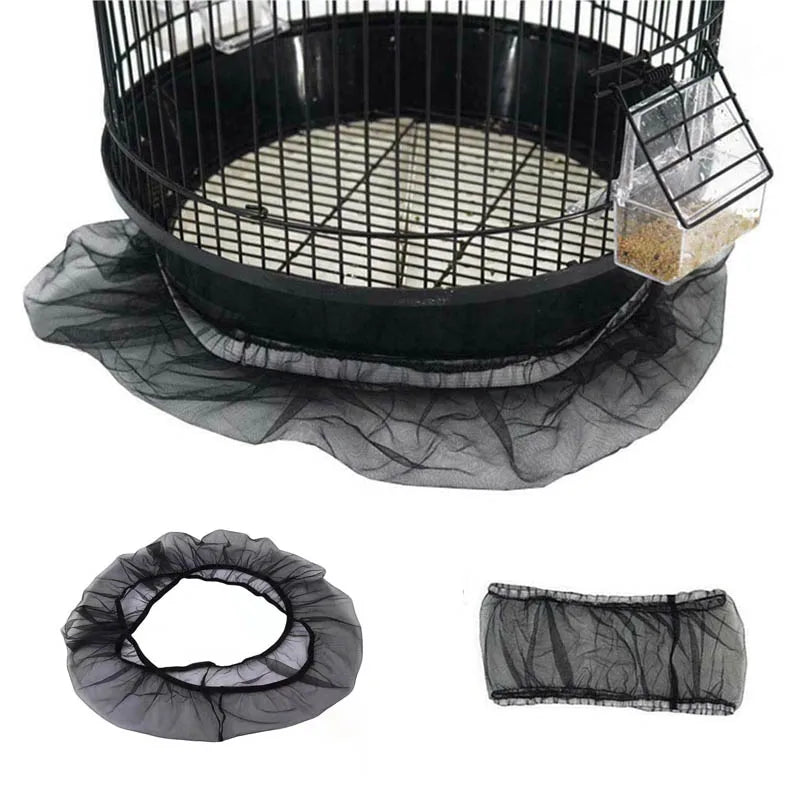 A black breathable nylon mesh bird cage cover with a circular frame and a separate flexible mesh piece.
