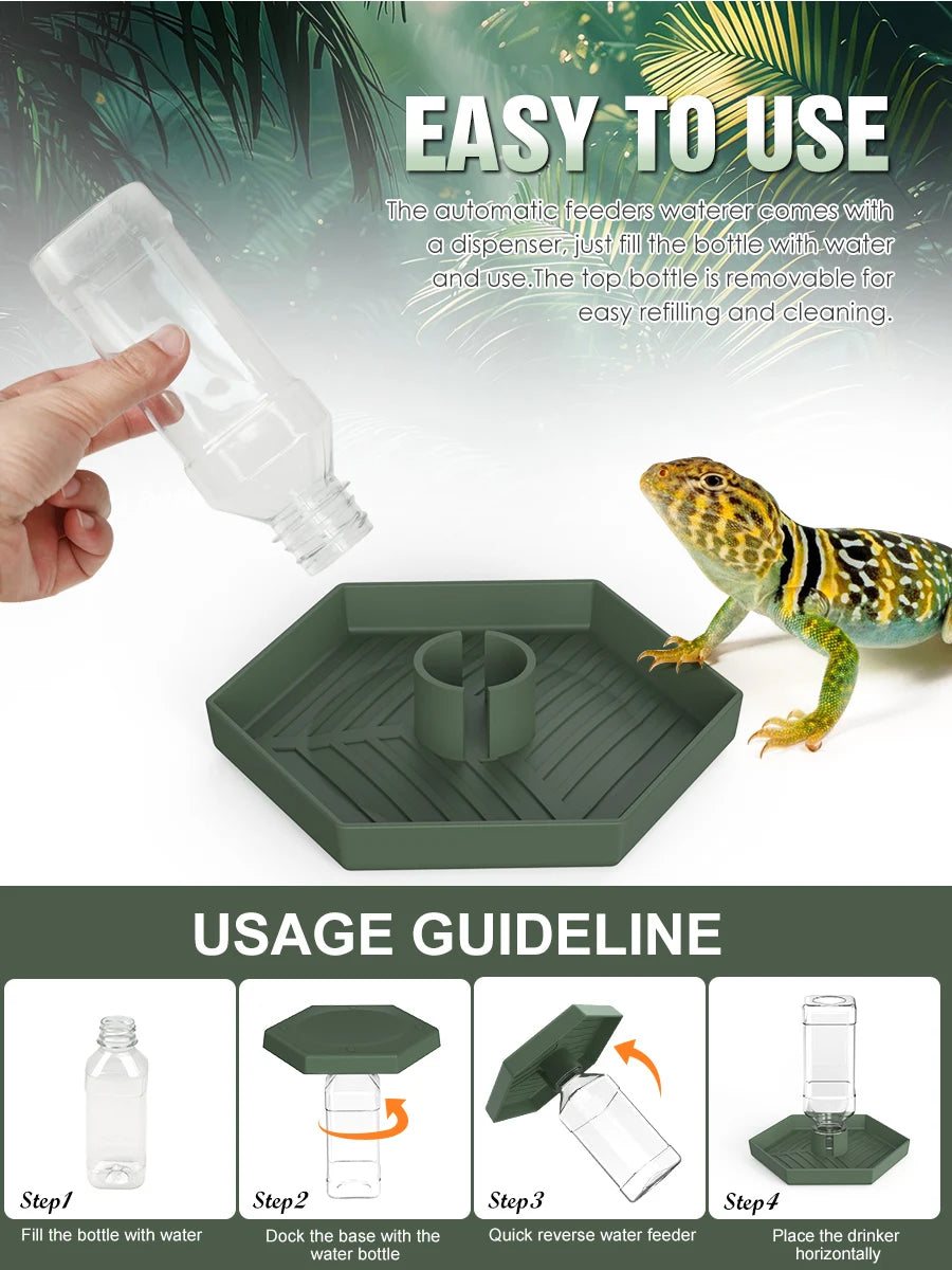 A green feeding dish and water feeder assembly for a bearded dragon or tortoise, showing steps for use.