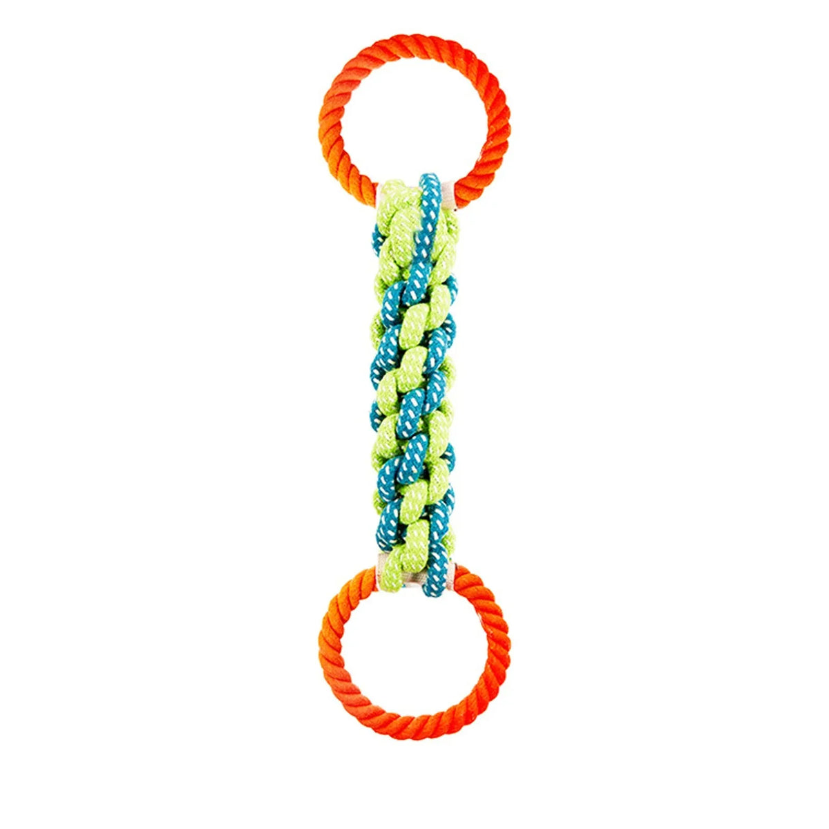 A durable dog chew rope toy with bright orange and blue braided ropes.
