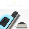 Close evenly spaced comb teeth design of a grooming comb with a black and light blue handle.