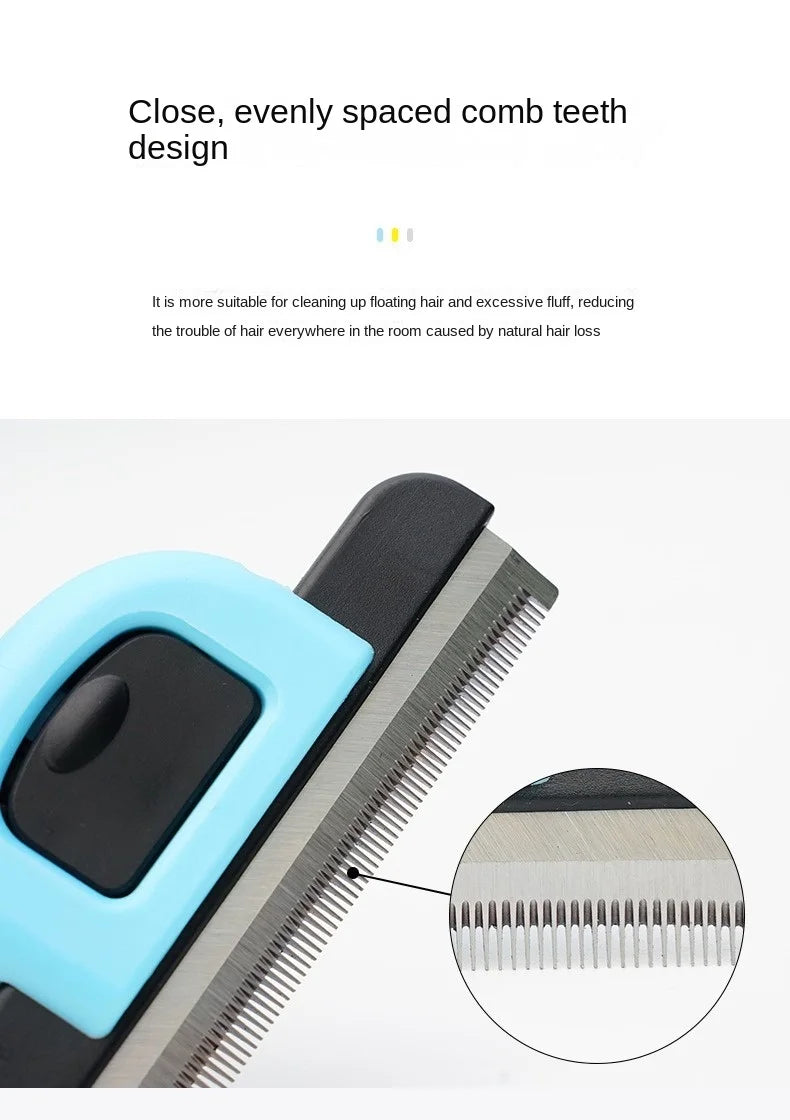 Close evenly spaced comb teeth design of a grooming comb with a black and light blue handle.