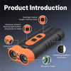 An orange and black ultrasonic probe device with buttons and a flashing LED light is shown.