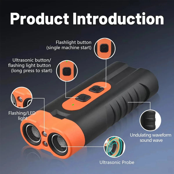 An orange and black ultrasonic probe device with buttons and a flashing LED light is shown.