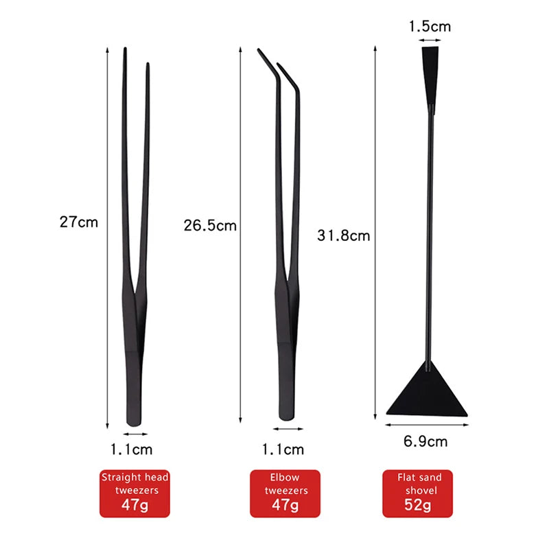 Stainless steel aquarium plant trimming tool set showing various sizes and weights of tweezers and a shovel