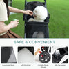 A black foldable pet stroller is shown with various features including breathable mesh, soft plush pads, lockable brake wheel