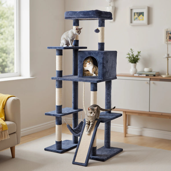 A multi-level cat tree with a blue and beige design featuring scratching posts and a cozy condo for a cat.