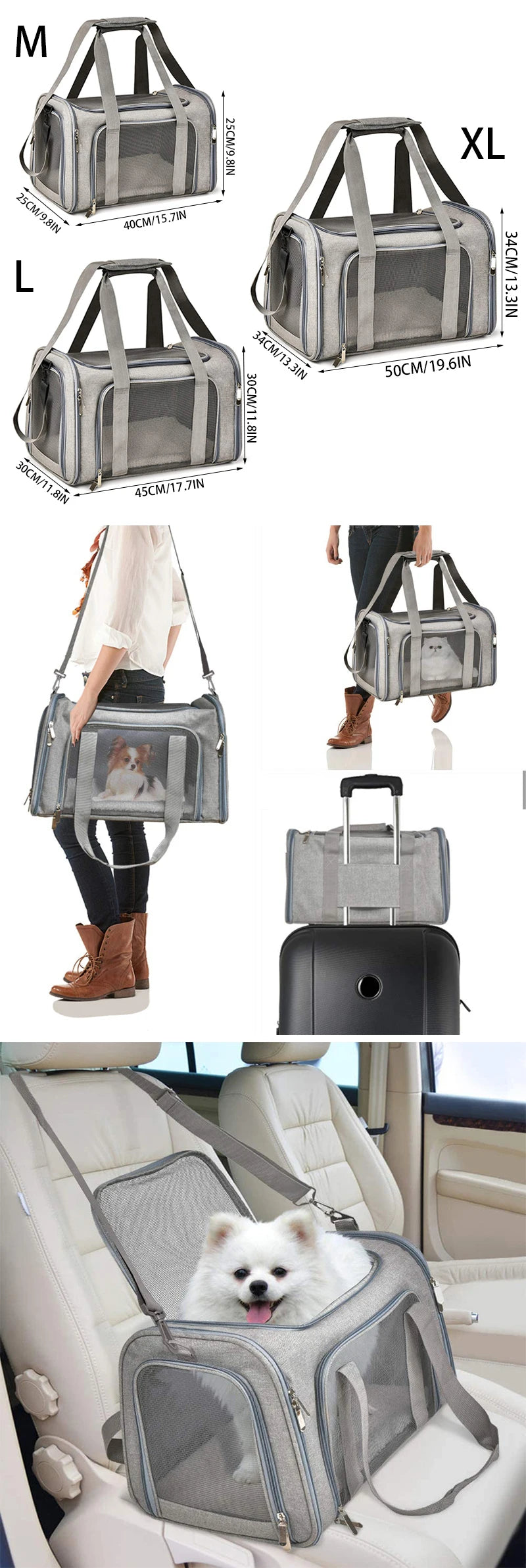 A portable pet carrier bag in gray fabric is shown being carried by a person and placed in a car seat.