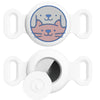 A white silicone airtag holder with a cat face design and a circular opening for pet collars.