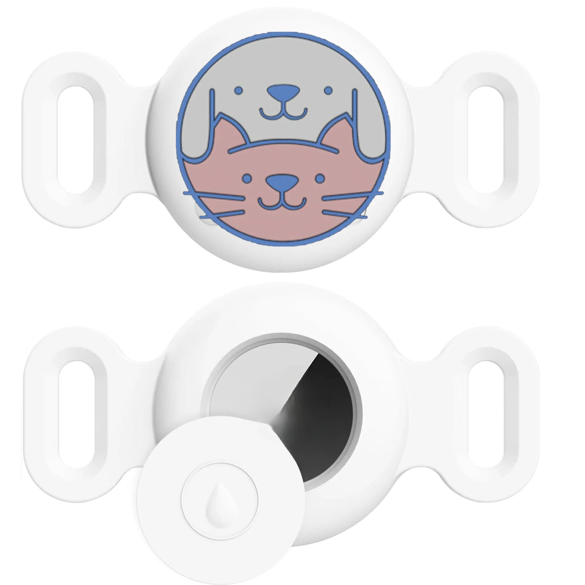 A white silicone airtag holder with a cat face design and a circular opening for pet collars.