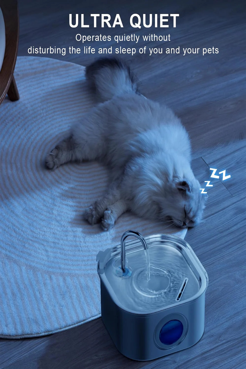 A blue stainless steel pet water fountain is shown with a cat drinking water from it on a light blue rug.