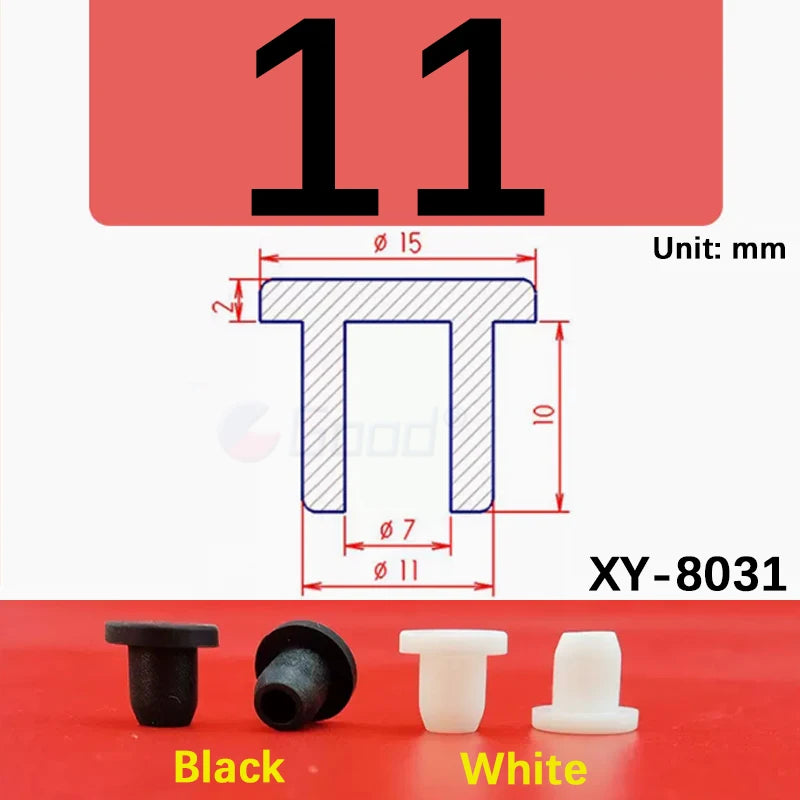 Black and white silicone rubber hole plugs shown next to a diagram of size 11mm