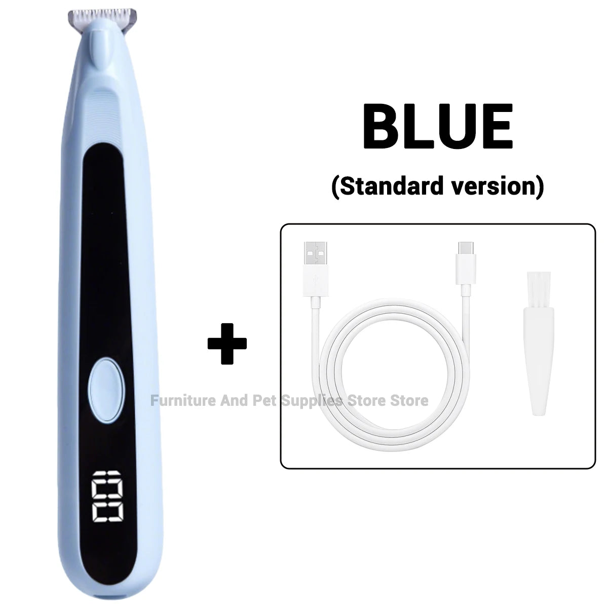 Blaues Standardmodell eines Haartrimmers für Haustiere mit LED-Licht und Ladekabel