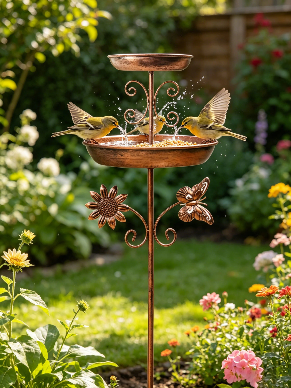 Bañera para pájaros de bronce vintage montada en soporte, con almohadillas para los pies de las aves, en un jardín exuberante
