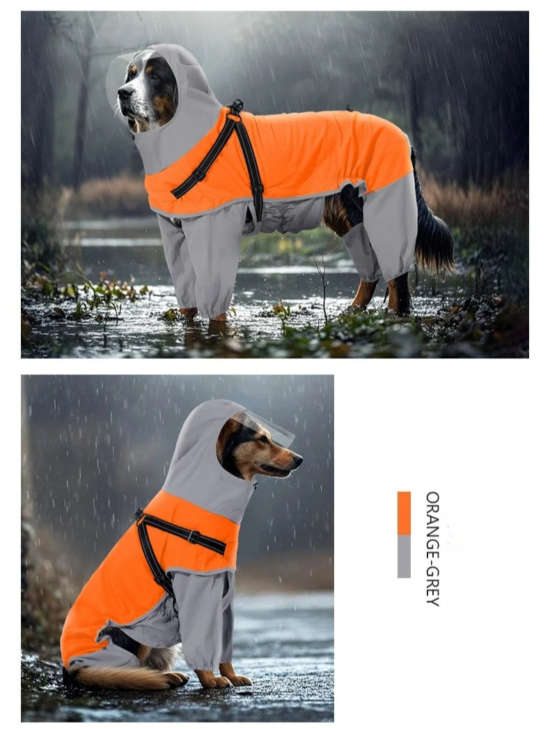 An orange and grey reflective waterproof dog raincoat with a hood is shown standing in the rain.