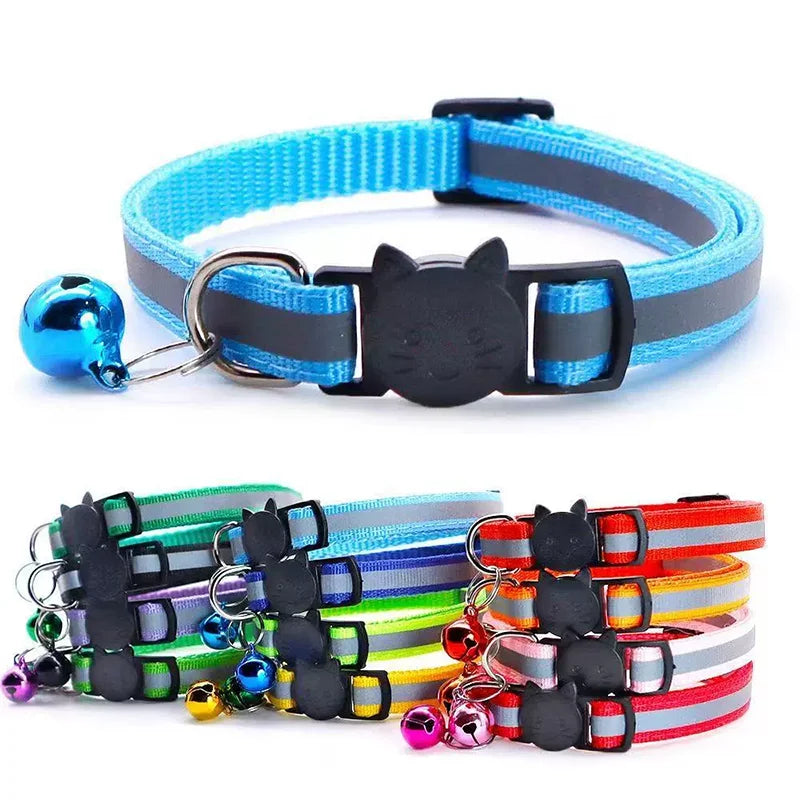 A set of reflective cat collars in various colors including blue, black, and striped patterns.