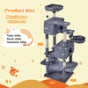 A multi-level cat climbing tree with sisal scratching posts showing various weight capacities and dimensions.