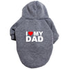 A gray plush coat with a hood featuring the text I love my dad.