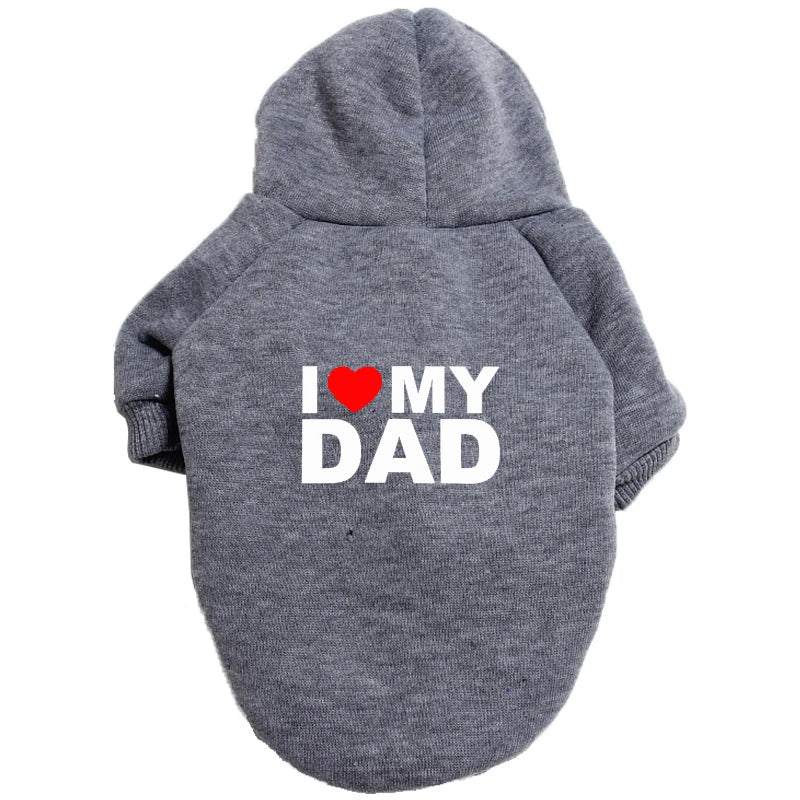 A gray plush coat with a hood featuring the text I love my dad.