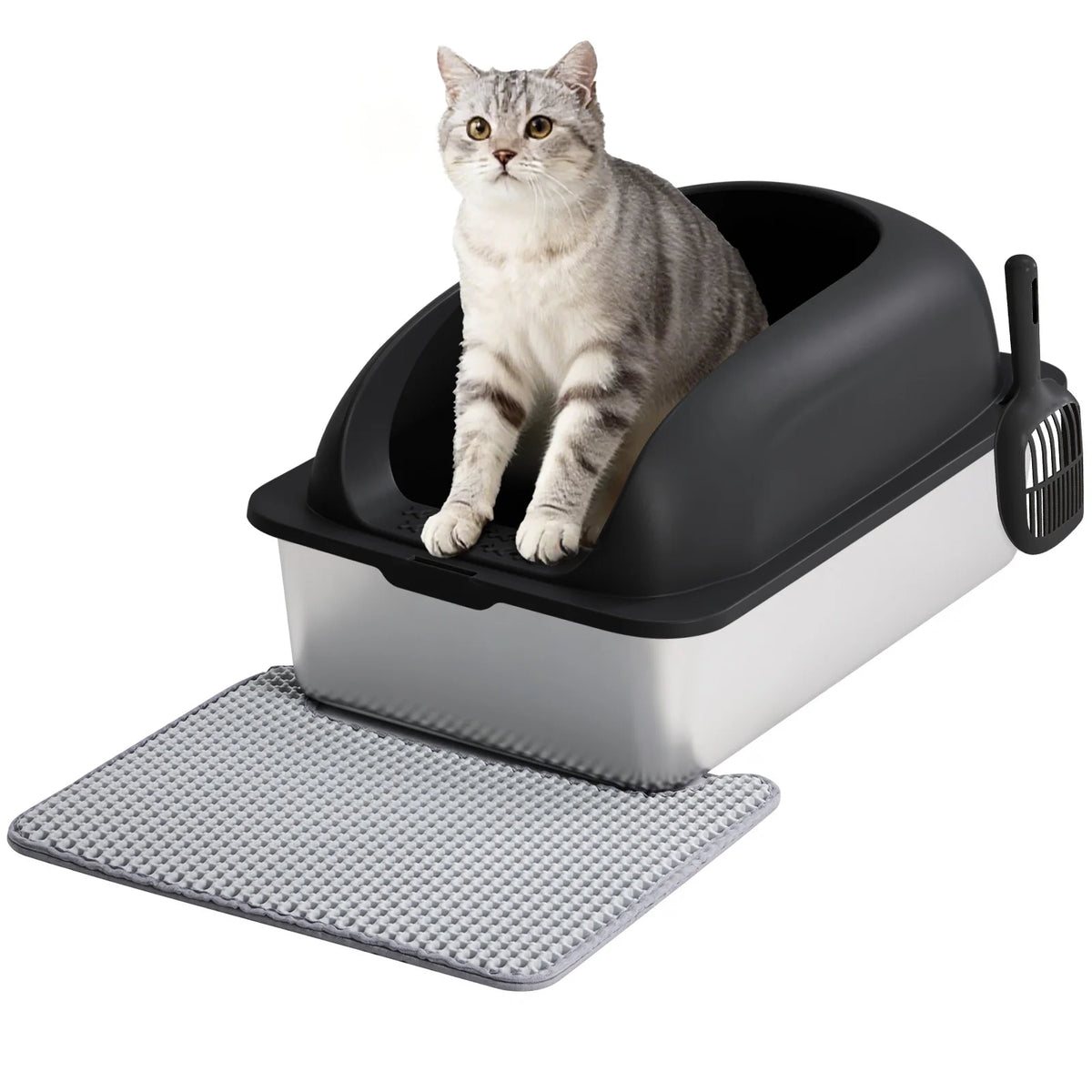 Un chat tigré gris assis dans une litière en acier inoxydable avec pelle et tapis inclus.