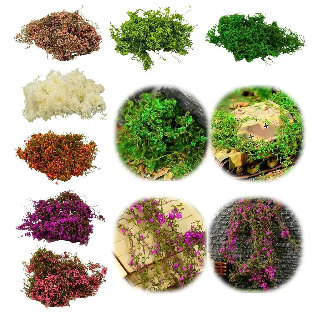 Eine Sammlung simulierter Miklandschaft-Rankenwanddekorationen in verschiedenen Grüntönen, Rot- und Violett.